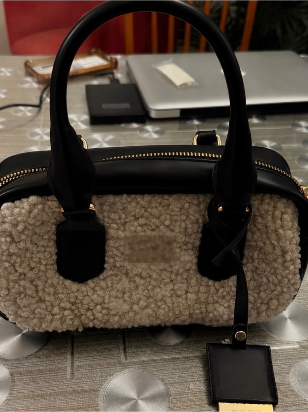 Designer Black & Cream Sherpa Satchel Handbag